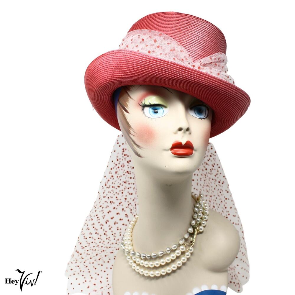 Vintage Red Italian Derby Hat Polka Dot Tulle Scarf Wide Brim Italy - Hey Viv